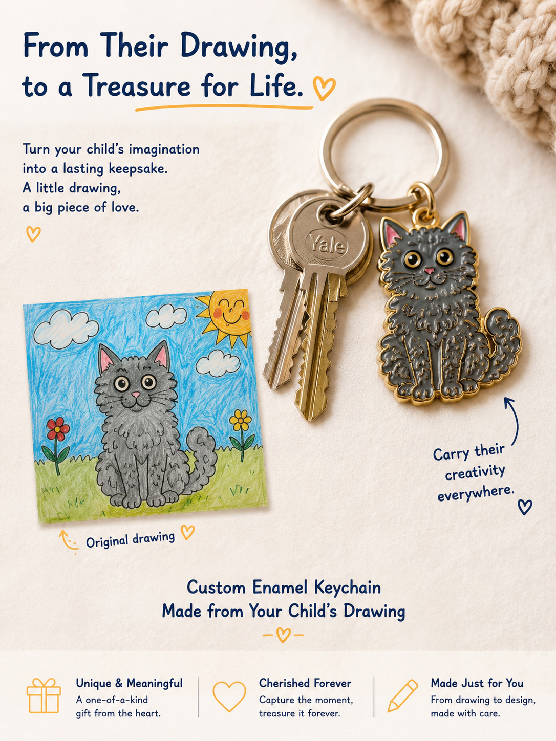 Custom enamel keychain made from a child’s drawing, handmade copper-base enamel keepsake by Tiny Art Forever