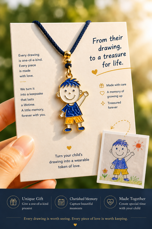 Custom enamel keychain made from a child’s drawing, handmade copper-base enamel keepsake by Tiny Art Forever