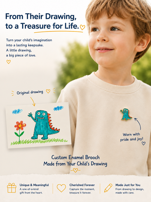 Custom enamel brooch made from a child’s drawing, handmade copper-base enamel keepsake by Tiny Art Forever